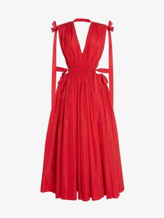 Alexander McQueen Drawstring Ribbon Tie Dress in Welsh Red | sleeveless plunge front open back designer dresses | deep V plunging necklines | womens event wear
