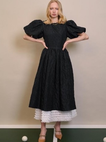 sister jane Doubles Jacquard Midi Dress Black | dream strawberry court | romantic puff sleeve layered dresses