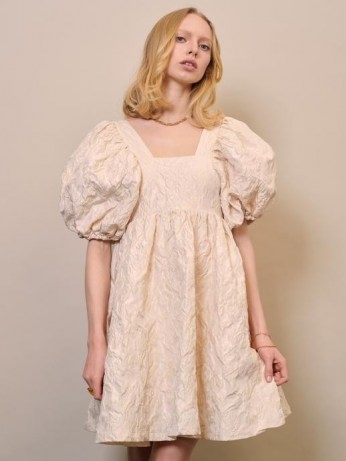sister jane DREAM Sweet Serve Jacquard Mini Dress | womens romantic puff sleeve flared skirt dresses | fashion with volume | open back - flipped