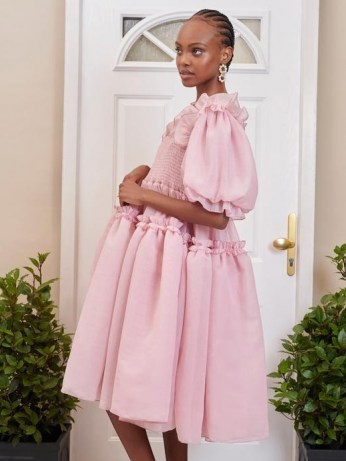 sister jane DREAM Eva Oversized Midi Dress – womens pink romantic smocked bodice dresses – frill trim fashion - flipped
