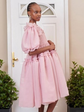 sister jane DREAM Eva Oversized Midi Dress – womens pink romantic smocked bodice dresses – frill trim fashion