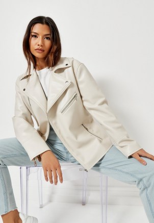MISSGUIDED ecru faux leather belted waist biker jacket ~ womens affordable luxe style jackets ~ women’s zip detail outerwear