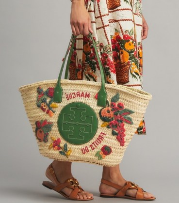TORY BURCH ELLA EMBROIDERED STRAW BASKET TOTE BAG / playful fruit themed summer bags - flipped