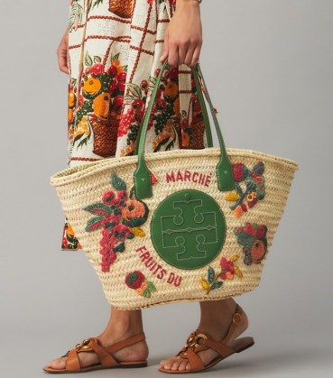 TORY BURCH ELLA EMBROIDERED STRAW BASKET TOTE BAG / playful fruit themed summer bags