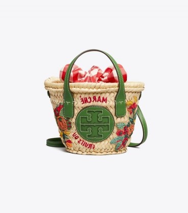 TORY BURCH ELLA EMBROIDERED STRAW MICRO BASKET / womens summer crossbody bag / cute mini baskets / women’s small top handle bags / woven fruit themed summer handbag - flipped