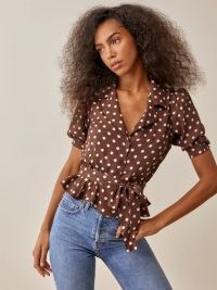 REFORMATION Elliott Top / womens brown spot print vintage style tops / women’s retro polka dot tie waist blouses