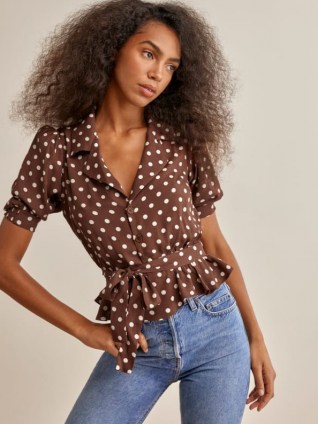 REFORMATION Elliott Top / womens brown spot print vintage style tops / women’s retro polka dot tie waist blouses - flipped