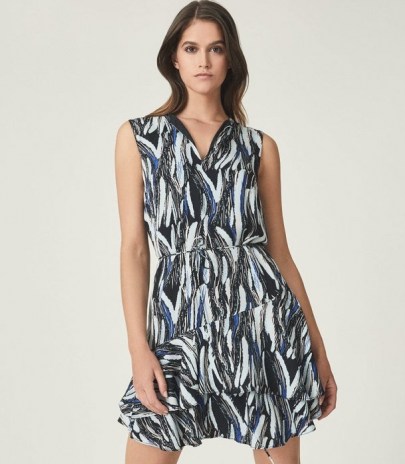 REISS ELSIE PRINTED MINI DRESS BLACK PRINT ~ sleeveless layered hem dresses ~ abstract prints - flipped