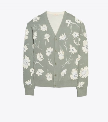 Tory Burch EMBELLISHED DOUBLE FACED CARDIGAN JADE STONE | floral sequinned cardigans - flipped