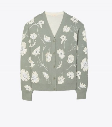 Tory Burch EMBELLISHED DOUBLE FACED CARDIGAN JADE STONE | floral sequinned cardigans