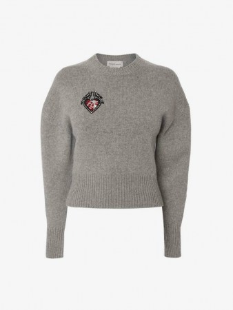 Embroidered Love Birds Jumper | womens grey balloon sleeve sweater with crystal badge motif | women’s romantic puff sleeved jumpers | designer crew neck | wool knitwear - flipped