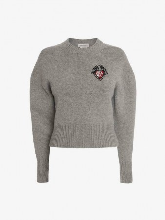 Embroidered Love Birds Jumper | womens grey balloon sleeve sweater with crystal badge motif | women’s romantic puff sleeved jumpers | designer crew neck | wool knitwear