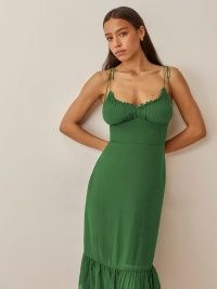 REFORMATION Embry Dress in Kelly Green ~ spaghetti strap ruched bust dresses ~ ruffle hem