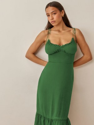 REFORMATION Embry Dress in Kelly Green ~ spaghetti strap ruched bust dresses ~ ruffle hem