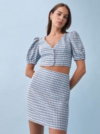 Ethel Linen Two Piece Azure Check / womens blue checked crop top and skirt fashion set / women’s summer co ord sets