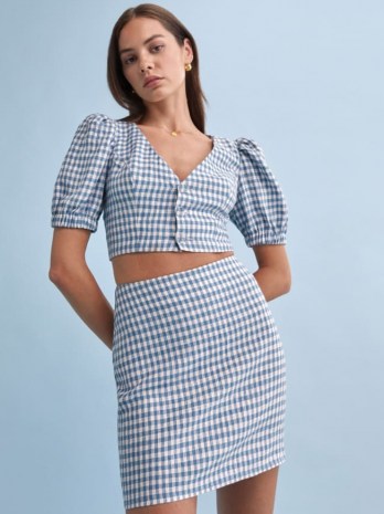 Ethel Linen Two Piece Azure Check / womens blue checked crop top and skirt fashion set / women’s summer co ord sets - flipped