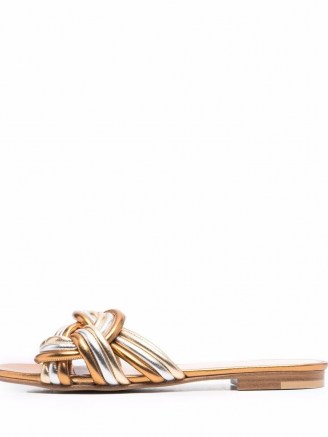 Etro metallic-knot sandals | knotted gold and silver tone flat leather mules - flipped