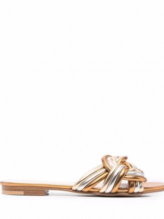 Etro metallic-knot sandals | knotted gold and silver tone flat leather mules