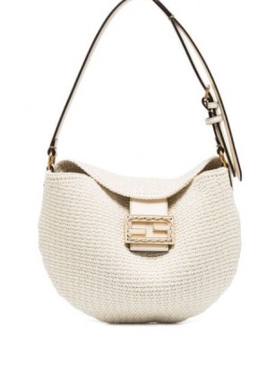 Fendi small Croissant crochet shoulder bag in ivory / chic fabric covered leather handbags / logo plaque bags - flipped