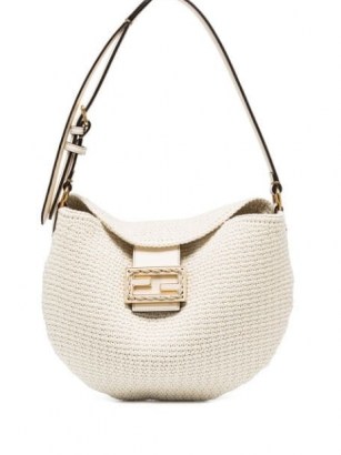 Fendi small Croissant crochet shoulder bag in ivory / chic fabric covered leather handbags / logo plaque bags