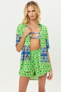 FRANKIES BIKINIS Fifi Satin Button Up Shirt Versailles ~ green mixed print cover up ~ women’s beachwear ~ beach bar shirts