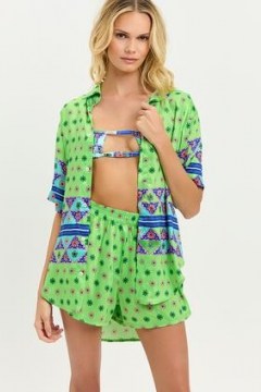 FRANKIES BIKINIS Fifi Satin Button Up Shirt Versailles ~ green mixed print cover up ~ women’s beachwear ~ beach bar shirts - flipped