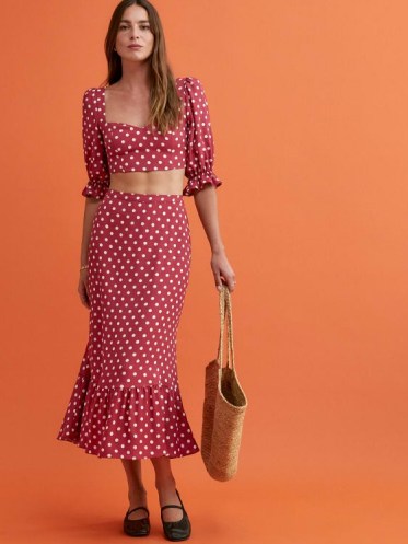 REFORMATION Fiona Two Piece in Campari / polka dot crop top and ruffled hem skirt / summer fashion sets - flipped