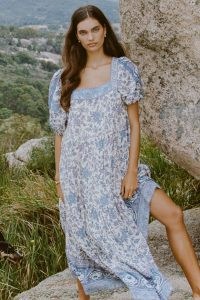 SPELL FOLK SONG SQUARE NECK GOWN Sky / womens blue floaty floral boho maxi dresses / bohemian summer fashion / square neck / puff sleeves