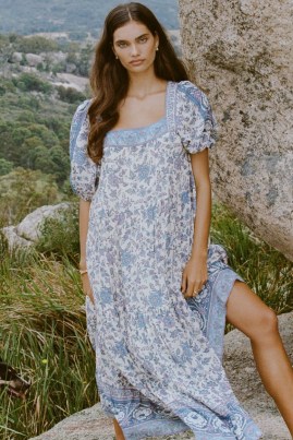 SPELL FOLK SONG SQUARE NECK GOWN Sky / womens blue floaty floral boho maxi dresses / bohemian summer fashion / square neck / puff sleeves