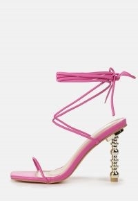 Missguided fuchsia tie up featured heel sandals | strappy ankle tie party shoes | metal look high heels