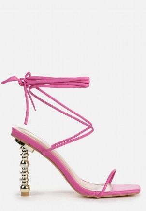Missguided fuchsia tie up featured heel sandals | strappy ankle tie party shoes | metal look high heels - flipped