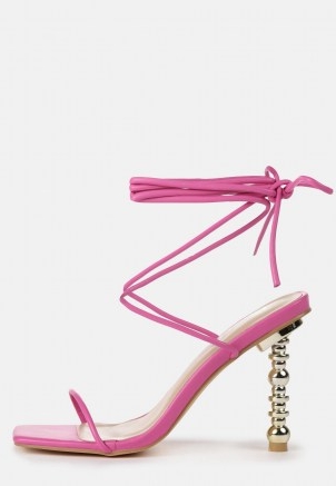 Missguided fuchsia tie up featured heel sandals | strappy ankle tie party shoes | metal look high heels