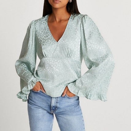 RIVER ISLAND Green animal print flared sleeve blouse top ~ womens wide sleeve tops - flipped