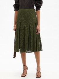FENDI FF Vertigo cotton-blend mesh midi skirt ~ womens green semi sheer knife pleat skirts ~ feminine designer logo fashion ~ women’s chic clothing
