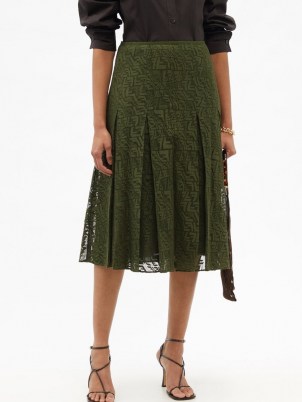 FENDI FF Vertigo cotton-blend mesh midi skirt ~ womens green semi sheer knife pleat skirts ~ feminine designer logo fashion ~ women’s chic clothing - flipped