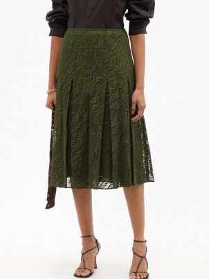 FENDI FF Vertigo cotton-blend mesh midi skirt ~ womens green semi sheer knife pleat skirts ~ feminine designer logo fashion ~ women’s chic clothing