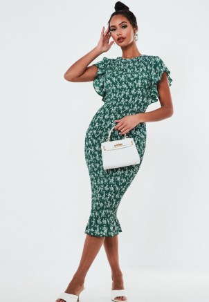 MISSGUIDED green floral shirred ruffle sleeve midaxi dress ~ women’s fitted vintage style flutter sleeve dresses
