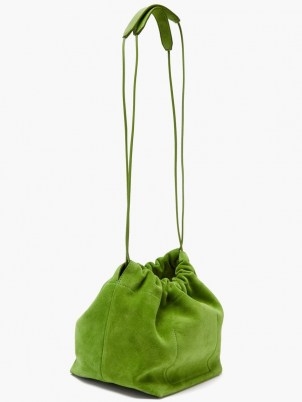 JIL SANDER Mini drawstring green suede cross-body bag / womens small luxe crossbody bags - flipped
