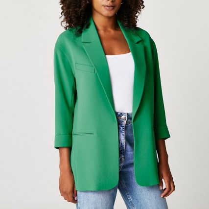 RIVER ISLAND Green oversized blazer ~ womens open front blazers with 3/4 length sleeves ~ women’s on trend jackets - flipped