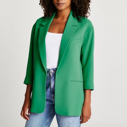 RIVER ISLAND Green oversized blazer ~ womens open front blazers with 3/4 length sleeves ~ women’s on trend jackets