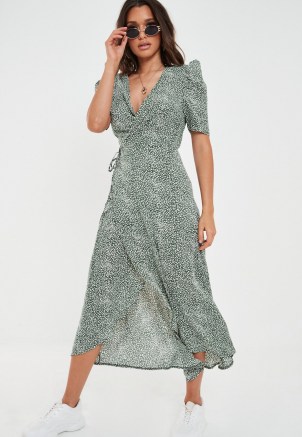 MISSGUIDED green printed midi wrap dress ~ puff sleeve tea dresses - flipped