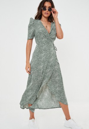 MISSGUIDED green printed midi wrap dress ~ puff sleeve tea dresses