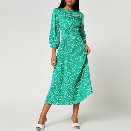 RIVER ISLAND Green printed side ruched maxi dress ~ womens long sleeve gathered detail dresses - flipped