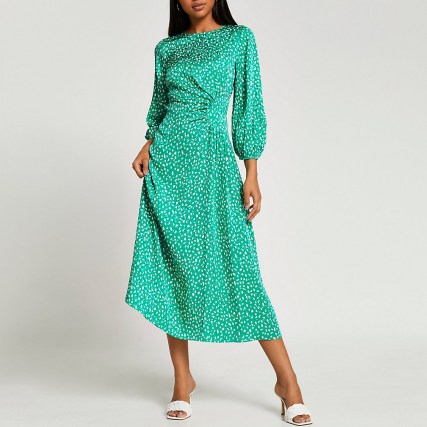 RIVER ISLAND Green printed side ruched maxi dress ~ womens long sleeve gathered detail dresses