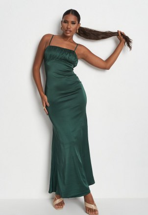 green satin ruched bust strappy maxi dress ~ gathered bust cami strap dresses - flipped