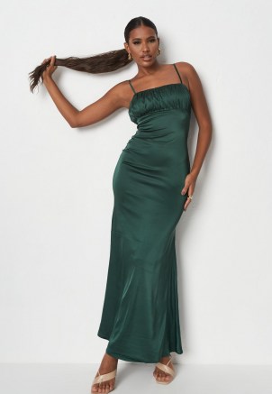 green satin ruched bust strappy maxi dress ~ gathered bust cami strap dresses