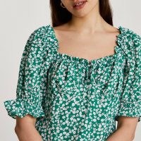 RIVER ISLAND Green short puff sleeve empire top ~ women’s frill trim floral tops
