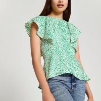 RIVER ISLAND Green short sleeve peplum blouse ~ angel sleeve tops