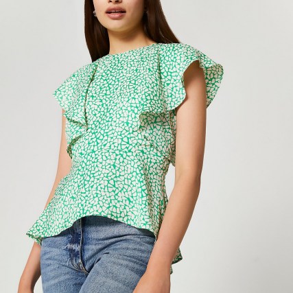 RIVER ISLAND Green short sleeve peplum blouse ~ angel sleeve tops - flipped