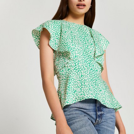 RIVER ISLAND Green short sleeve peplum blouse ~ angel sleeve tops